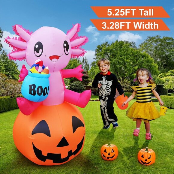 Halloween Inflatable Axolotl with Pumpkin and LED Lights for Outdoor Yard Decor - Picture 2 of 6